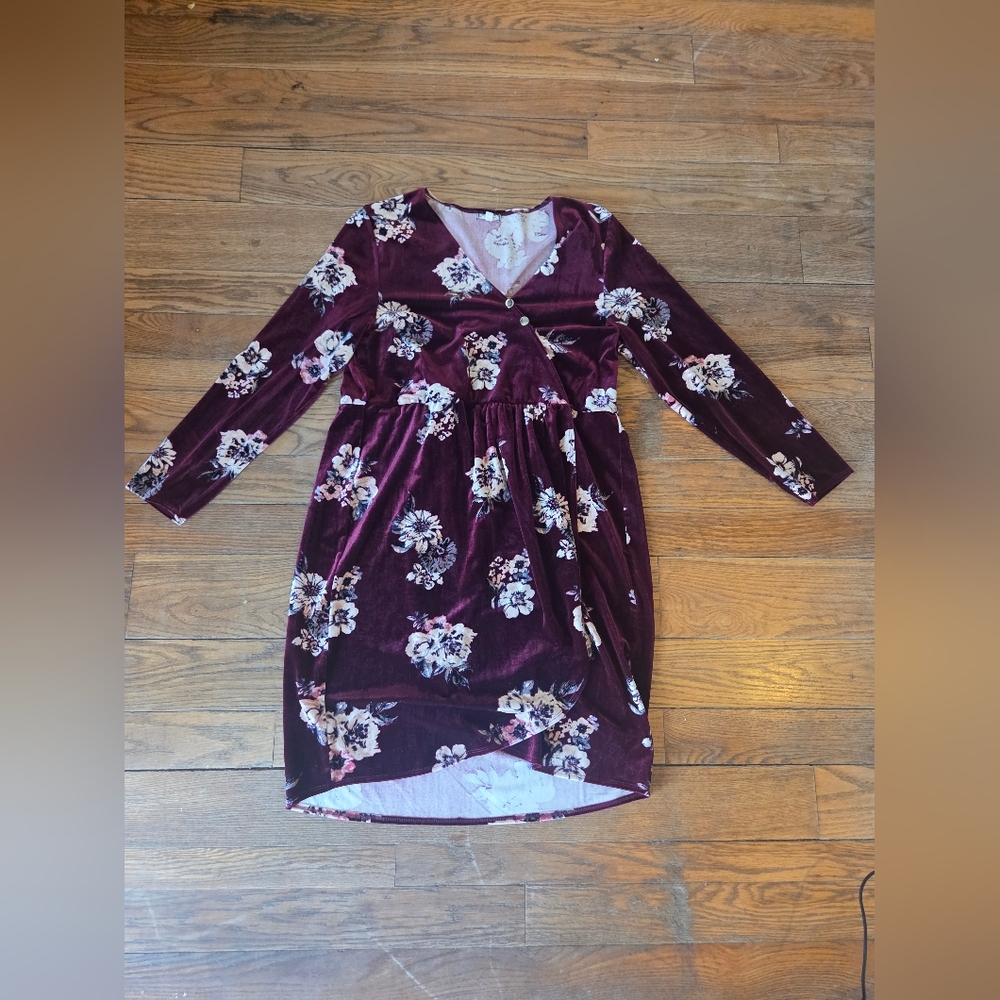 Eyeshadow Burgundy Floral Velvet Wrap Long Sleeve Dress